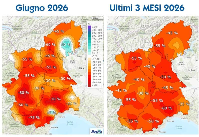 Le precipitazioni medie del mese di giugno 2026 sul bacino del Po chiuso alla confluenza con il Ticino sono state pari a circa 62 mm, con un deficit del 36% rispetto alla media mensile storica 1991-2020. Gli scarti negativi sono diffusi su gran parte dei bacini piemontesi, generalmente compresi tra -30% e -60%, con le eccezioni dei bacini del Ticino e dello Scrivia, dove i deficit risultano più contenuti. Nell’ultimo trimestre, anche i mesi di aprile e maggio hanno fatto registrare deficit rispettivamente di -56% e -44% contribuenti ad aggravare la siccità meteorologica in atto. Il bilancio dell’anno idrologico resta negativo, con uno scarto complessivo pari a circa -24% Anomalia % di precipitazione registrata nel mese di giugno 2026 (sinistra) e complessivamente nei mesi di aprile, maggio e giugno 2026 (destra) sul bacino del Po chiuso alla confluenza col Ticino Anomalia % di precipitazione registrata nel mese di giugno 2026 (sinistra) e complessivamente nei mesi di aprile, maggio e giugno 2026 (destra) sul bacino del Po chiuso alla confluenza col Ticino Visualizza l'immagine Anomalia % di precipitazione registrata nel mese di giugno 2026 (sinistra) e complessivamente nei mesi di aprile, maggio e giugno 2026 (destra) sul bacino del Po chiuso alla confluenza col Ticino ingrandita Anomalia % di precipitazione registrata nel mese di giugno 2026 (sinistra) e complessivamente nei mesi di aprile, maggio e giugno 2026 (destra) sul bacino del Po chiuso alla confluenza col Ticino (fonte ARPA)